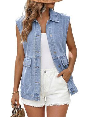 Women's Blue Casual Denim Vest Sleeveless Jacket Vest Button Down with Pockets